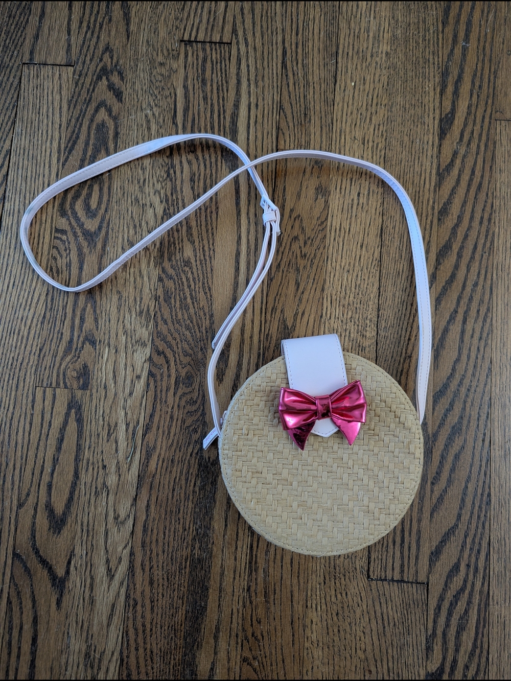 Juicy Couture Natural Straw Crossbody with Pink Metallic Bow